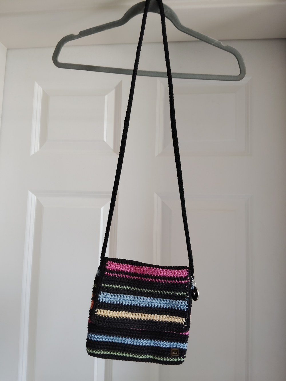 Handmade Black Striped Crochet Crossbody Bag with Multicolor Accents